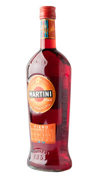 Glass bottle of Martini Fiero. Classic Italian vermouth. Isolated object on transparent background