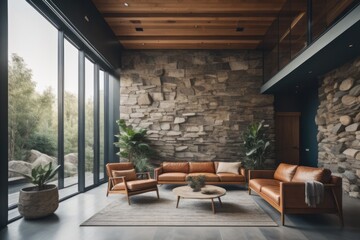 Lounge chair against floor to ceiling window near potted houseplants and wild stone cladding wall