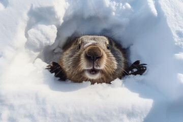 Groundhog coming out of his hole in the snow, winter time - obrazy, fototapety, plakaty