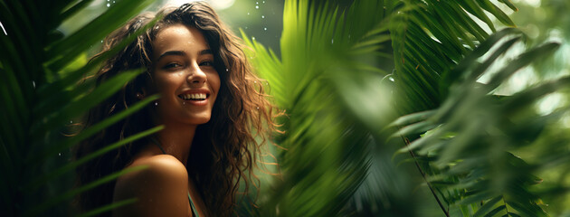 Beauty in the Jungle. Portrait of young happy Brazilian woman in jungle, skin care beauty, skincare cosmetics.