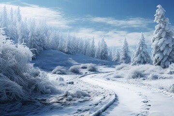 Winter forest in the mountains. White frosty landscape.