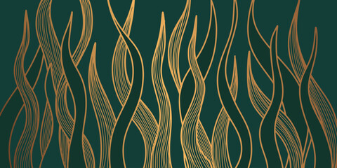 Luxury golden background with seaweed. Line golden stems. Linear elongated leaves on dark green background. Pattern with sea plants © Morena