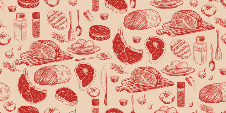 Seamless pattern with meat. Sketch style steak. Hand drawn ribeye steak, pork ham. Roast beef on cutting board. Bone in ribeye steak. Grilled meat. Spice jars, knife, kitchen utensils. Kitchenware