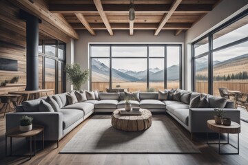 Fototapeta premium Rustic interior design of modern living room with grey sofas 