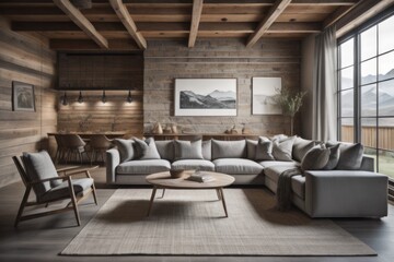  Rustic interior design of modern living room with grey sofas  - Powered by Adobe