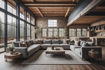  Rustic interior design of modern living room with grey sofas 