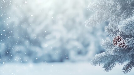 Christmas and winter background with frozen fir tree branches and snow flakes. Empty space for design or message. 