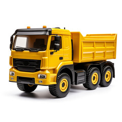 Cartoon yellow dump truck isolated on white background, in style of 3d render - obrazy, fototapety, plakaty