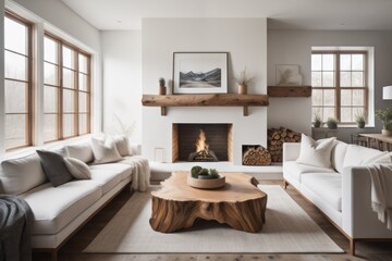 Rustic live edge coffee table near white corner sofa against window. Scandinavian home interior design of modern living room with fireplace