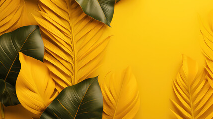 Abstract foliage on yellow background and copy space. Green and yellow leaves.