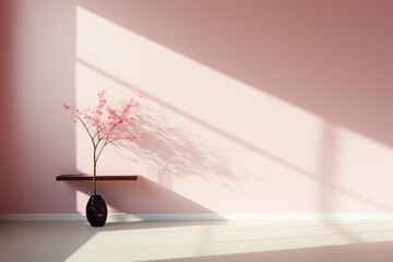 Interior of a room. Pastel pink room with a plant and a vase next to a wooden shelf on the wall. 