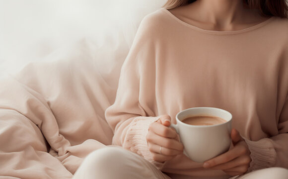 A cup of coffee in the female hands, softness, beige colors