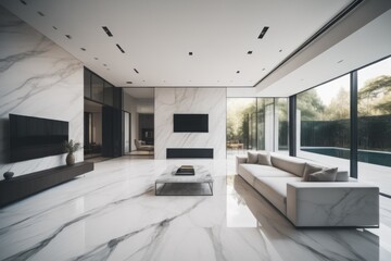 spacious minimalist home interior design of modern living room with marble tiled floor