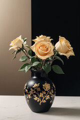 Fototapeta premium Beautiful flowers, yellow roses. Roses in vase on shelf against white wall. Valentines Day, Easter, Happy Women's Day, Mother's day.
