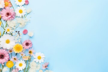 Floral spring background with copy space. Top view, flat lay design template. 