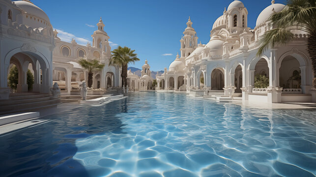 Wundersch&ouml;ne wei&szlig;e vertr&auml;umte Geb&auml;ude als Hotel in traumhafter Architektur mit gro&szlig;er Swimmingpool Landschaft im Querformat f&uuml;r Banner, ai generativ