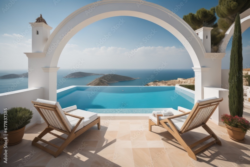 Wall mural two deck chairs on terrace with pool with stunning sea view. traditional mediterranean white archite