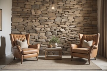Two armchairs against stone pebble cladding wall. Mediterranean home interior design of modern living room