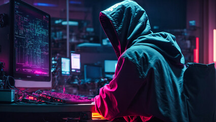 Hacker in a hoodie, computer