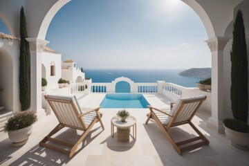 Fototapeta na wymiar Two deck chairs on terrace with pool with stunning sea view. Traditional mediterranean white architecture. Summer vacation concept