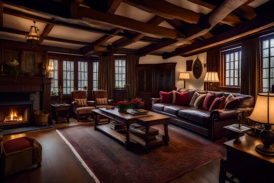 A cozy living room in a Tudor style house, with  wooden beams, antique furnishings, and the classic aesthetics of Tudor interior design