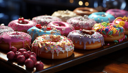 Stack of colorful donuts on wooden plate generated by AI