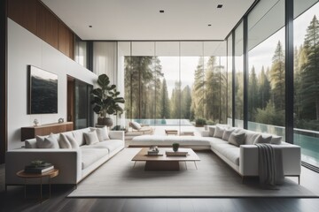 White sofa against floor to ceiling window. Hollywood glam, mid-century style home interior design of modern living room in villa in forest  - obrazy, fototapety, plakaty