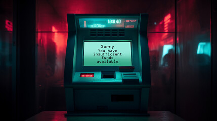 Cash Machine and No available money message on screen. - obrazy, fototapety, plakaty