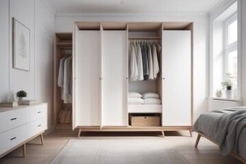 Fototapeta na wymiar White wooden wardrobe in scandinavian style interior design of modern bedroom