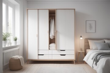 Fototapeta premium White wooden wardrobe in scandinavian style interior design of modern bedroom