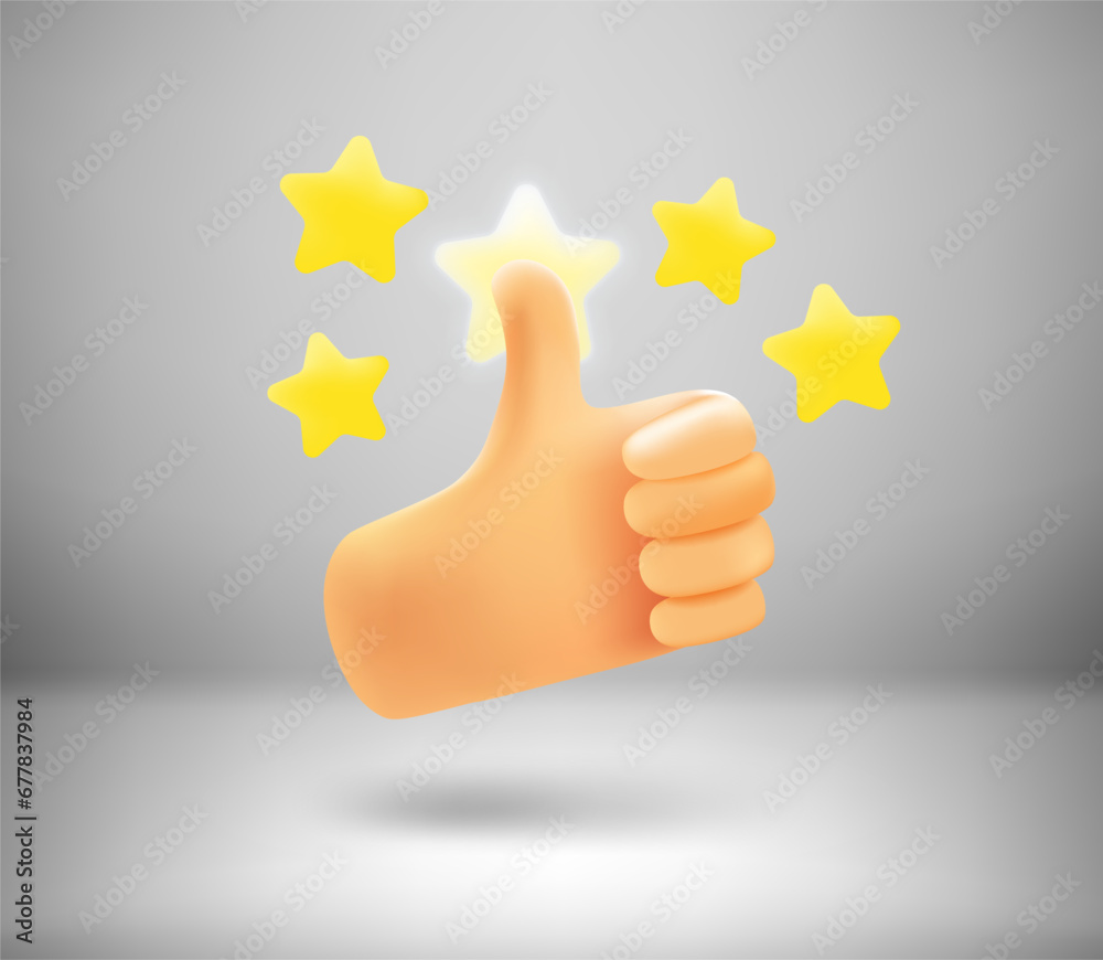 Poster thumbs up and shining stars in a hand. 3d vector banner