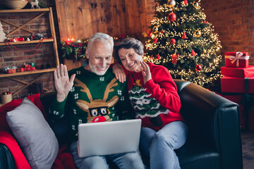 Portrait of two peaceful positive aged lovers sit couch arm waving hi speak video call netbook magic atmosphere indoors