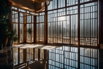 A view through the frosted glass windows of an Art Deco residence, capturing the sleek and opulent interior design