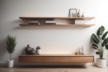 Wood floating shelf on white wall. Storage organization for home. Interior design of modern living room