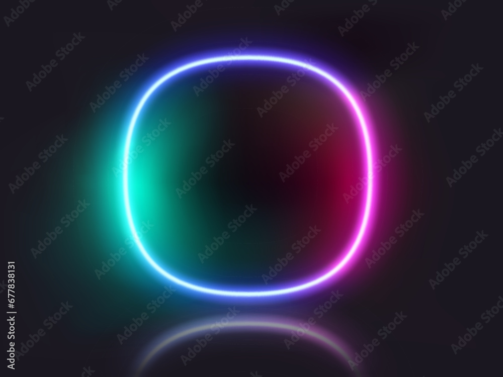 Poster Superellipse shape neon glowing frame on dark background. Trendy color vivid gradient. Template for design