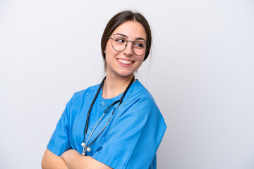 surgeon doctor woman holding tools isolated on white background with arms crossed and happy