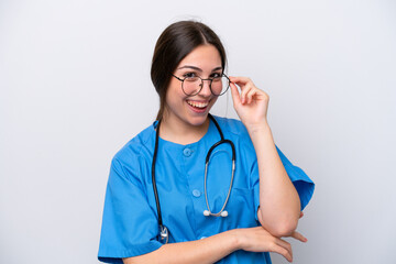 surgeon doctor woman holding tools isolated on white background with glasses and happy