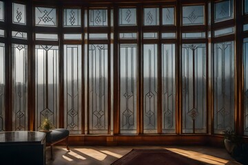 A view through the frosted glass windows of an Art Deco residence, capturing the sleek and opulent interior design