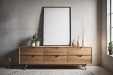 Wooden cabinet, dresser against concrete wall with empty blank mock up poster frame with copy space. Loft home interior design of modern living room