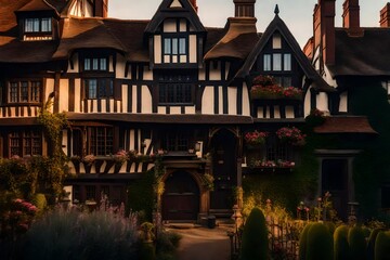 An enchanting view of a Tudor style house's exterior, framed by the historical features and bathed in the soft light of the setting sun