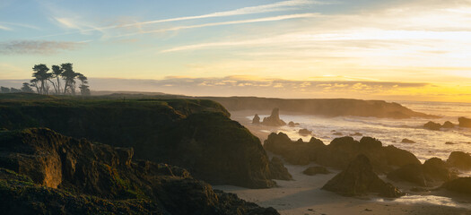 Panoramic landscape view of sunset near fort bragg california 