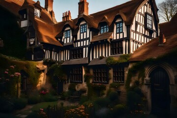 An enchanting view of a Tudor style house's exterior, framed by the historical features and bathed in the soft light of the setting sun