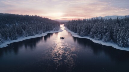 A river with a boat on it surrounded by snow covered trees. Generative AI.