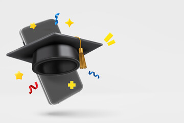 Modern smartphone with graduation cap. 3d vector banner with copy space