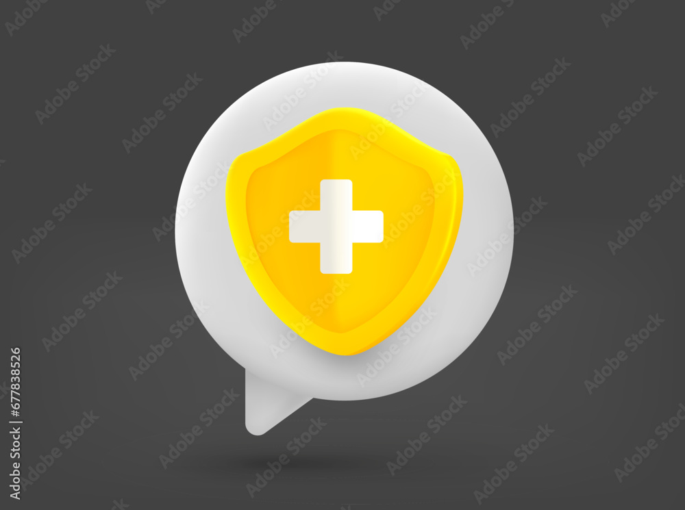 Poster speech cloud with yellow shield. 3d vector isolated illustration