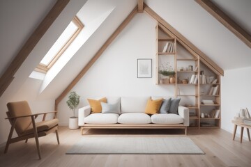 Fototapeta na wymiar Wooden shelving unit on white wall behind cozy sofa. Scandinavian interior design of modern stylish living room in attic