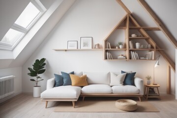 Wooden shelving unit on white wall behind cozy sofa. Scandinavian interior design of modern stylish living room in attic