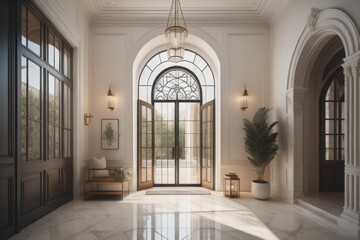 Mediterranean interior design of modern entrance hall with grid door