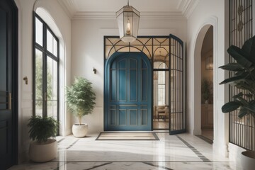 Mediterranean interior design of modern entrance hall with grid door