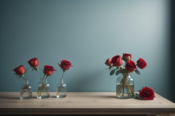 ooden table with glass vase with bouquet of roses flowers near empty, blank turquoise wall. Home interior background with copy space